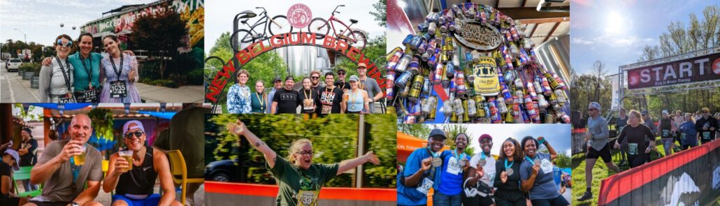 Chasing Pints brewery running series Chasing Pints brewery running series collage showing runners, medals, craft beer, and race finishes across Western North Carolina