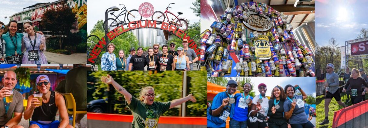 Chasing Pints brewery running series collage showing runners, medals, craft beer, and race finishes across Western North Carolina