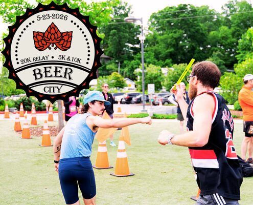 Beer-City-Relay-Chasing-Pints-Gallery Team relay exchange at Beer City 20K Relay in Asheville NC - May 2026 Chasing Pints brewery running series at New Belgium