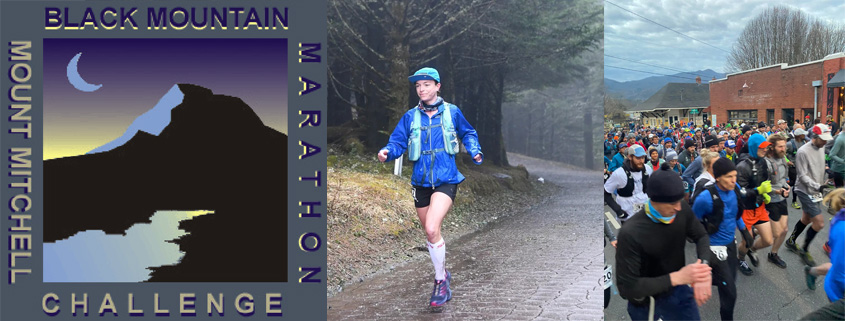 Black Mountain Marathon and Mount Mitchell Challenge logo alongside photos of a trail runner in the mountains and racers at the crowded starting line